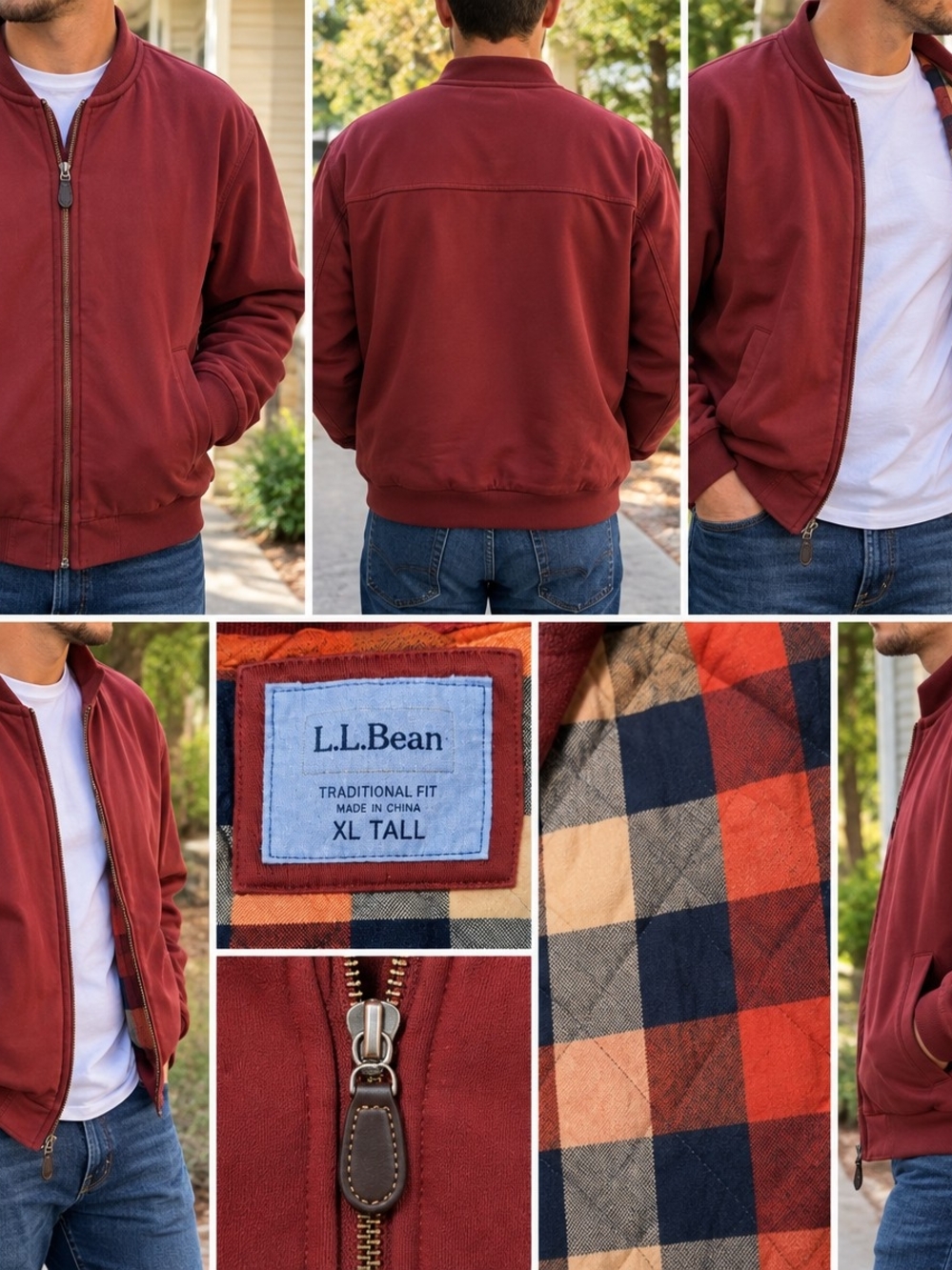 L.L. Bean Men's Brick Red Bomber Jacket with Plaid Lining